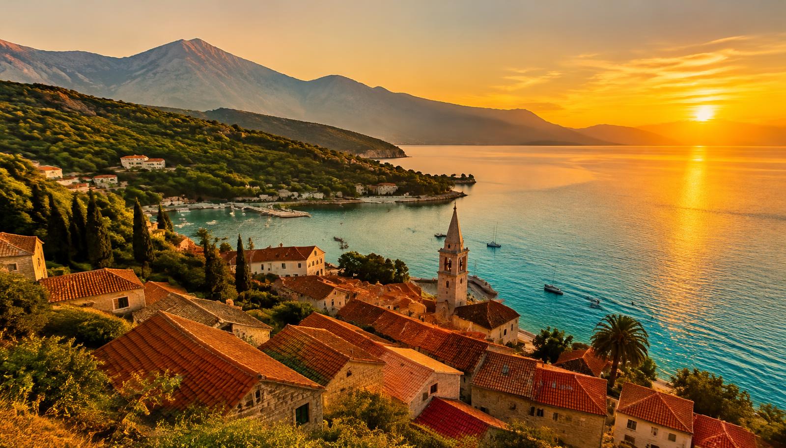 Coastal village at sunset